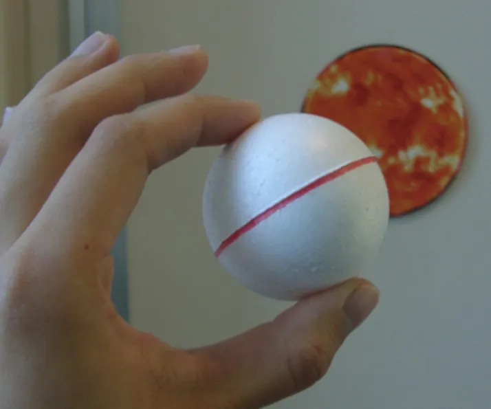 model of the eclipse using styrofoam ball and picture of the sun for a solar eclipse activity 
