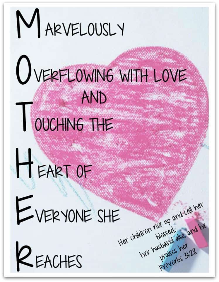 A poem spells MOTHER across the left hand side vertically. There are words for each letter like Marvelously for M and Overflowing with love for O. (Mother's Day crafts for kids)