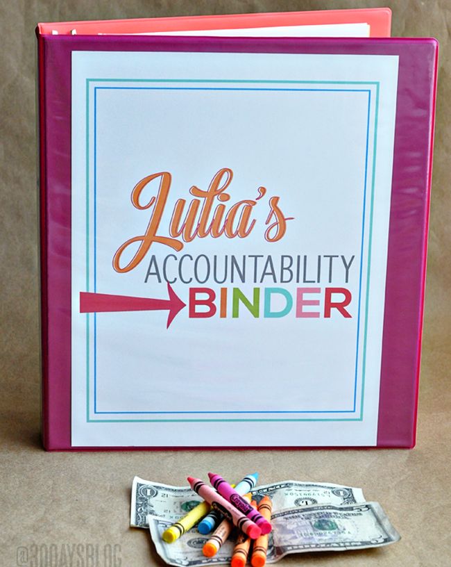 Binder labeled "Julia's Accountability Binder" with crayons and money (Money Skills)