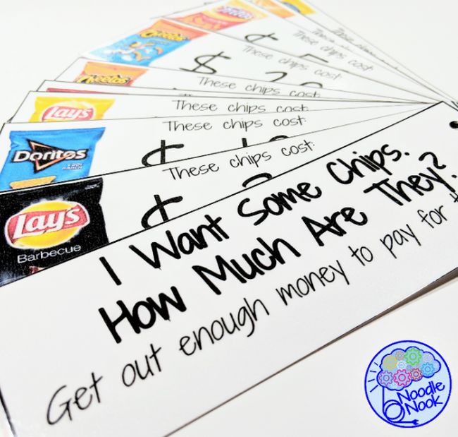 Printable cards with various types of snack chips and their prices so kids can practice counting out money (Money Skills)