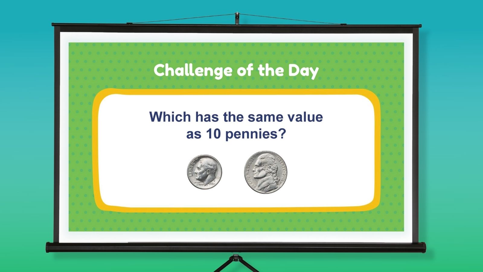 (opens in a new tab) Money word problem on a projector screen: 'Which has the same value as 10 pennies?' with a dime and a nickel