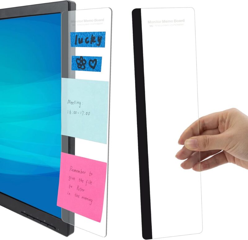 Monitor memo board made of clear acrylic with sticky notes attached