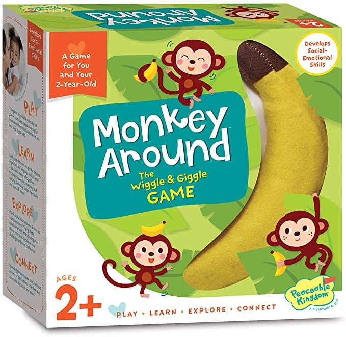 A box says Monkey Around and has cartoon monkeys and a banana on it.