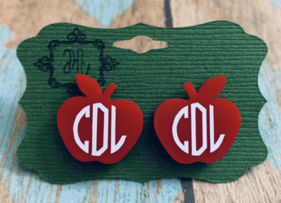 Custom monogram apple post earrings for teachers