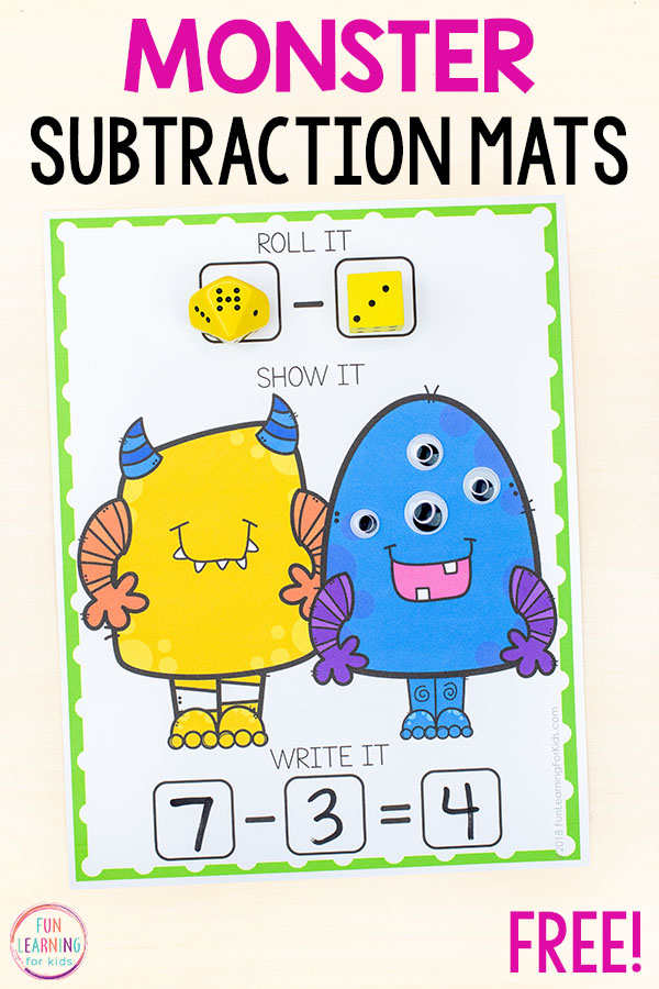 A colorful poster for monster subtraction mats featuring cartoon blue and yellow monsters