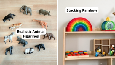 Examples of Montessori toys including realistic animal figurines and a wooden stacking rainbow on a wooden shelf with other wooden toys.