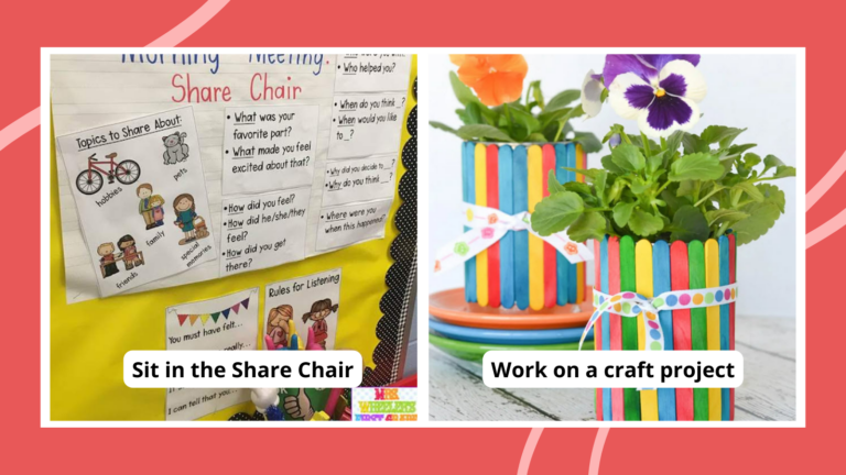 Collage of morning meeting activities, including the Share Chair and craft projects