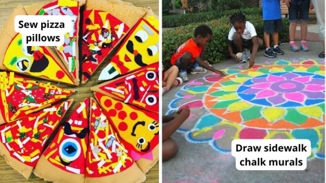 Collage of collaborative art projects including pizza pillows and sidewalk chalk art (Morning Meeting Activities)