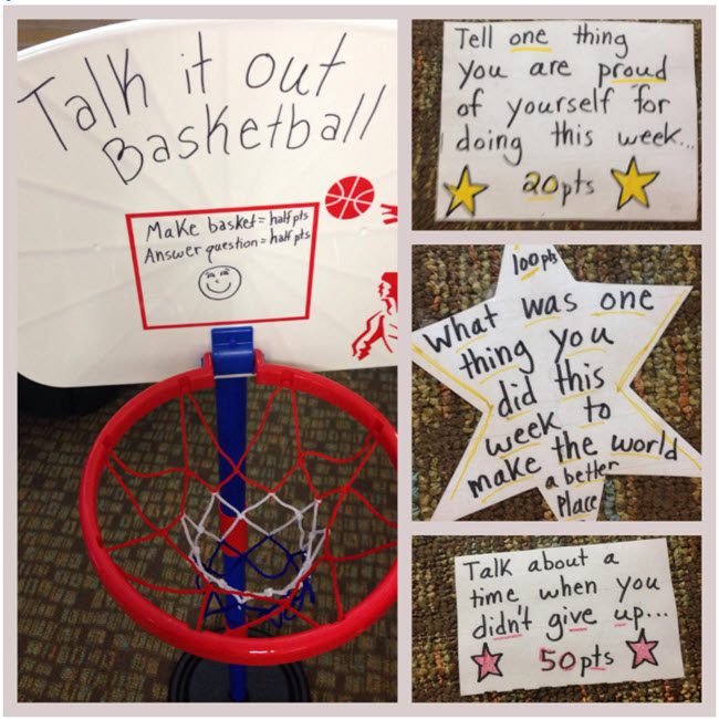 Collage of photos showing a game of Talk it Out Basketball where students earn points by making baskets and answering SEL questions (Morning Meeting Activities)