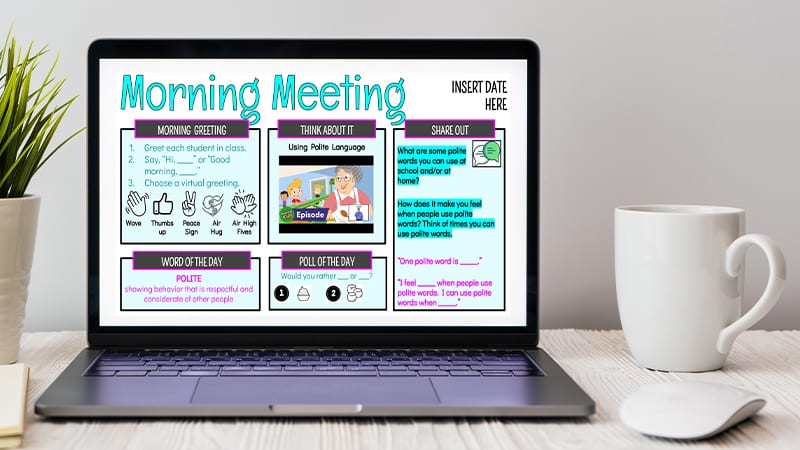 Laptop screen showing morning meeting Google Slides for January