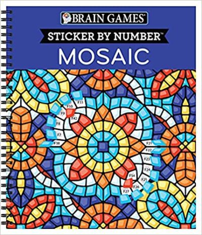 A blue background says Sticker by Number Mosaic and has a stained glass looking mosaic on it. 