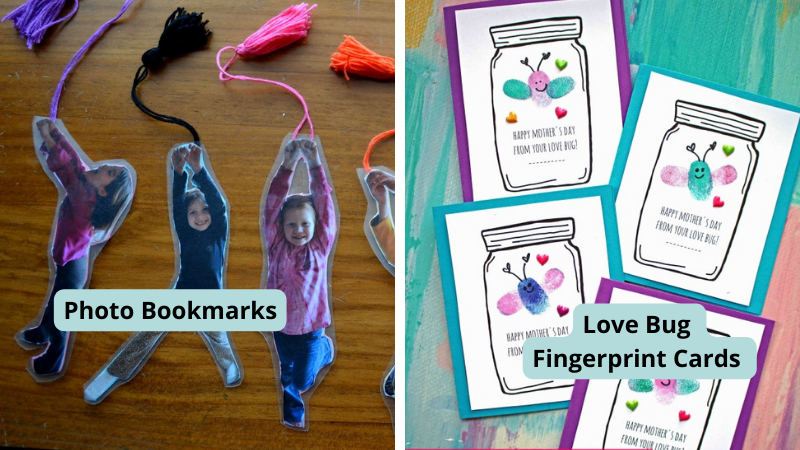 Examples of Mother's Day crafts for kids including photo bookmarks and love bug fingerprint cards