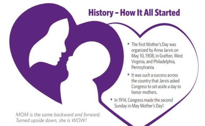 An image has a silhouette of a woman and child's face and facts about Mother's Day are printed.