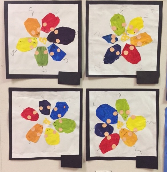 Four pieces of art are shown. They each have 6 mice painted in orange, red, purple, blue, green, yellow, and orange.