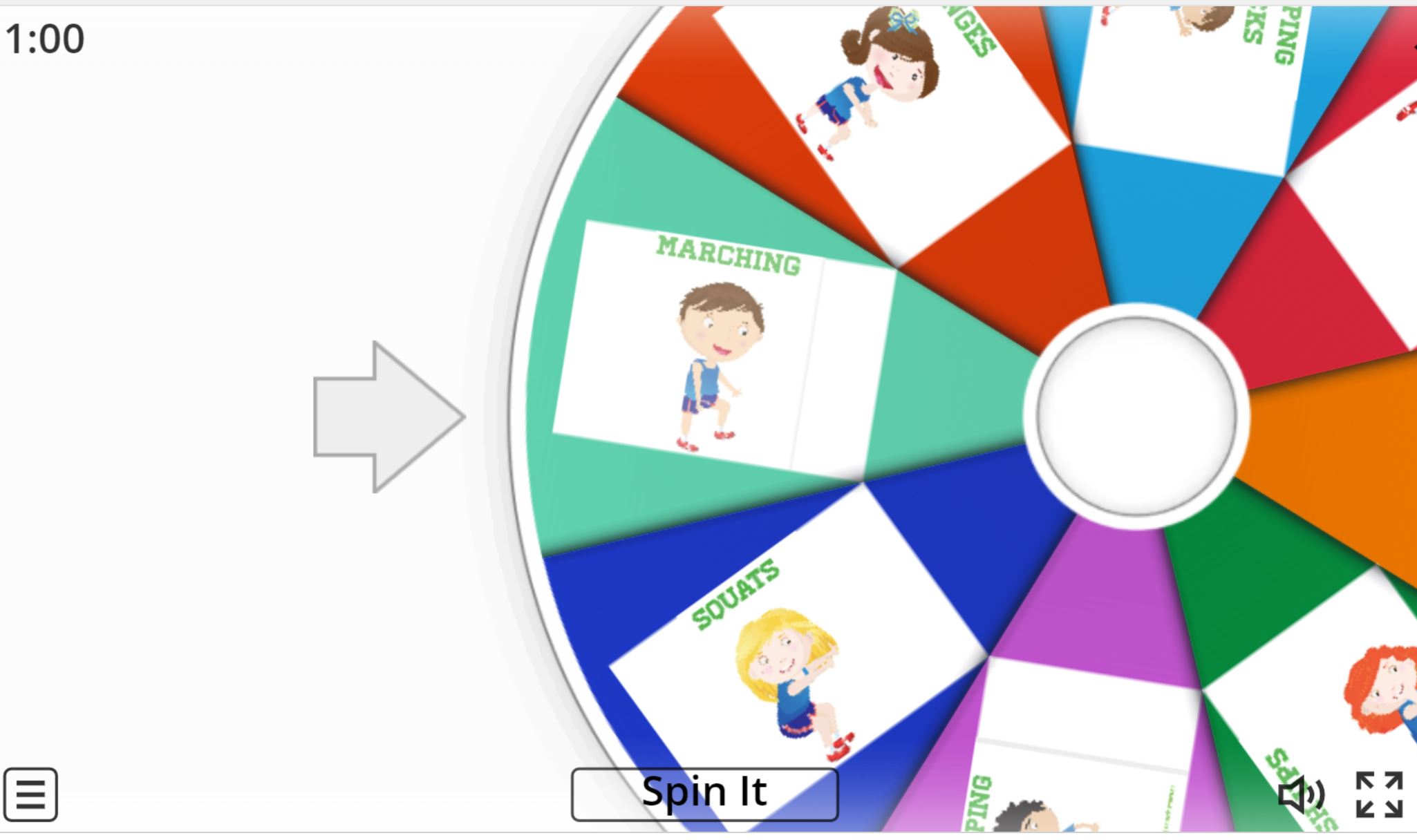 Colorful online movement break spinner with different exercises, as an example of educational brain breaks