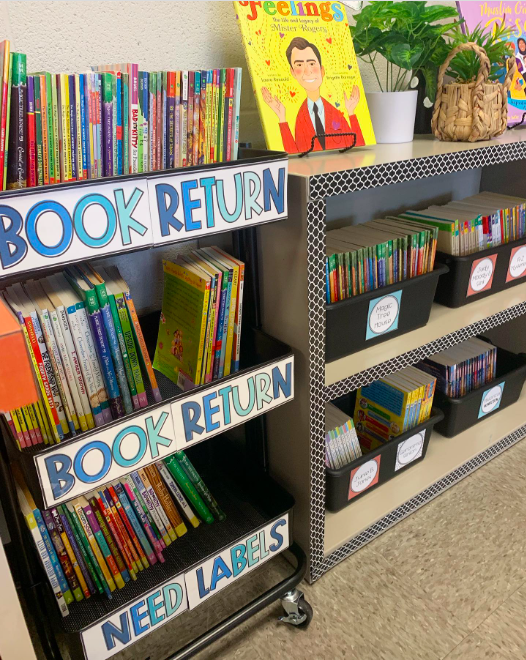 Super organized classroom library with labeled shelves and bins