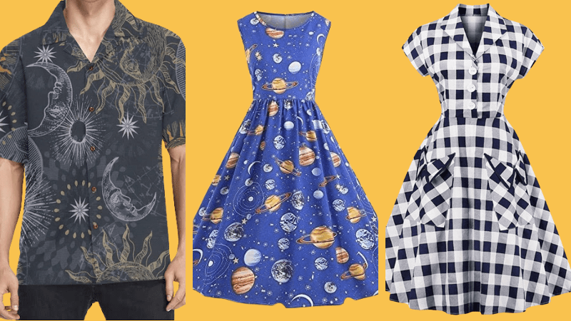 Ms. Frizzle dress and outfit examples, including solar system dress, black and white plaid dress and men's button down galaxy print shirt in black