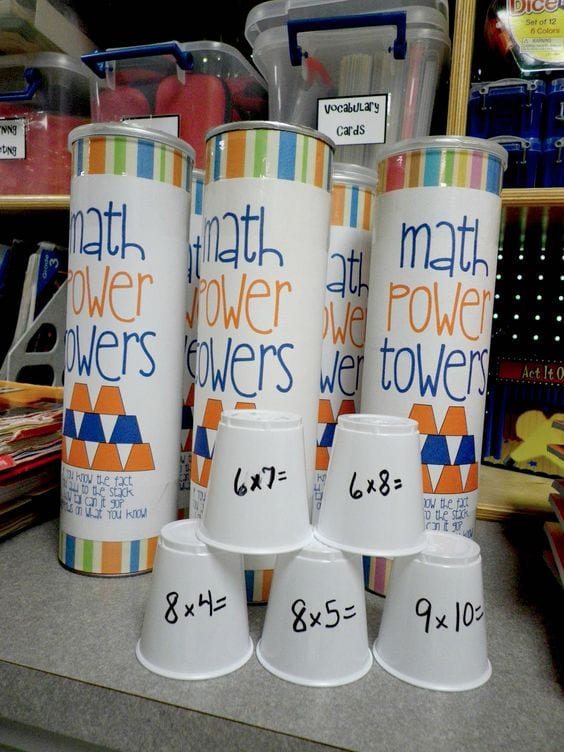 Three Pringles cans covered with a label that says Math Power Towers behind a stack of plastic cups with multiplication problems on them