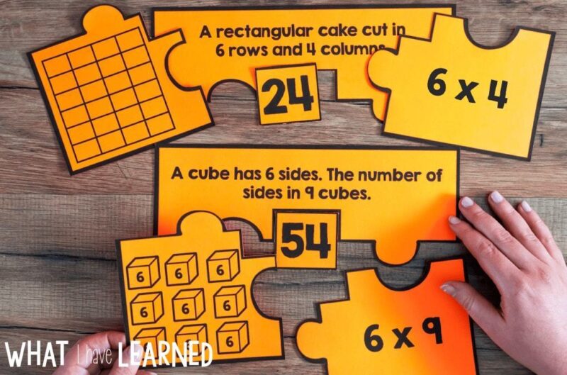 Teach multiplication with these puzzles printed on a colorful piece of paper