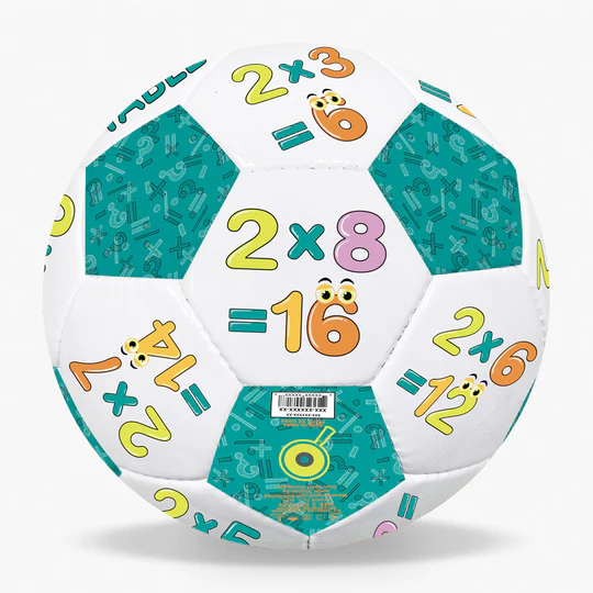 A colorful soccer ball with multiplication equations written in the white squares