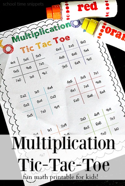 Teach multiplication using tic tac toe frames filled with multiplication problems