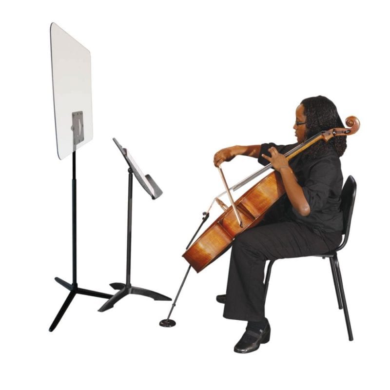 Student playing cello and using plastic shield