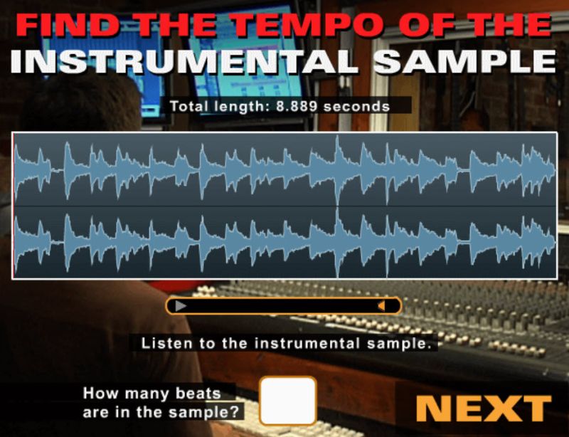 Screenshot from an online math game asking you to count the number of beats in a music sample