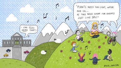 Illustration of teacher and students singing on a hillside with I can still hear that speech bubble coming from a school