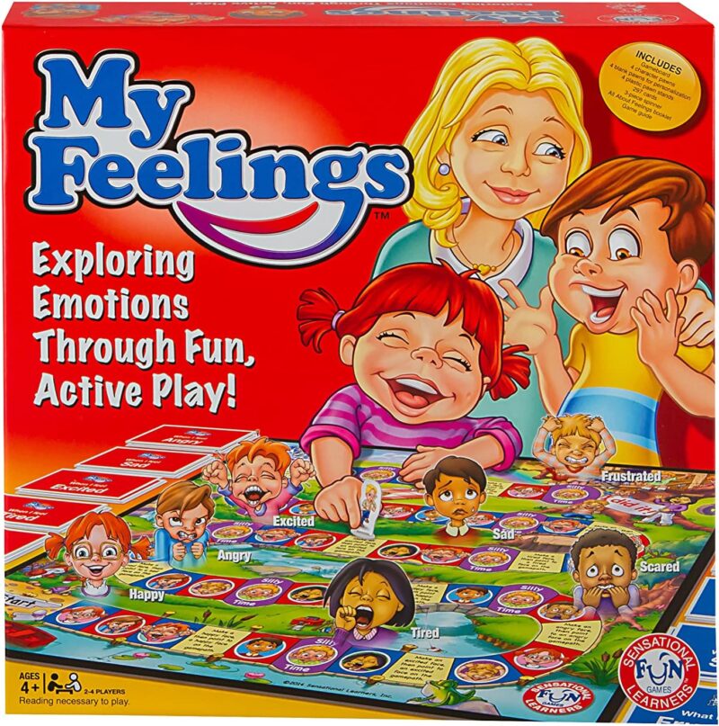 A board game box says My Feelings. It has faces making different emotions on it.