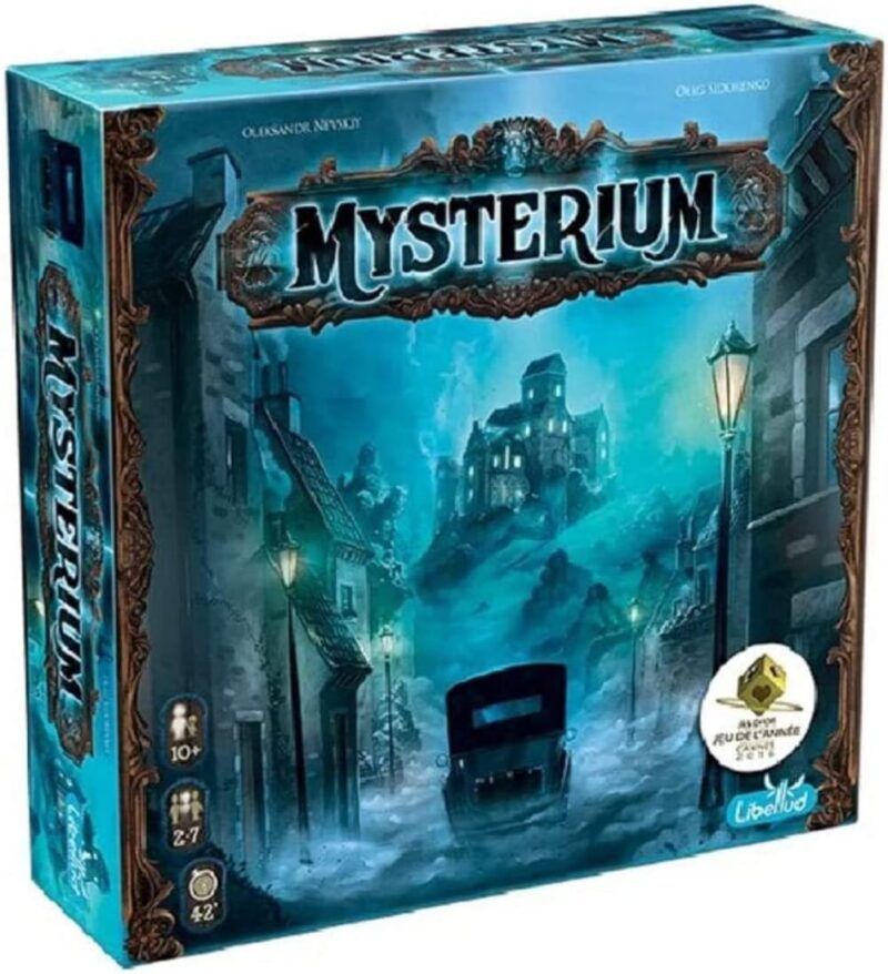 A teal colored box features a ghostly figure and black letters that say Mysterium.