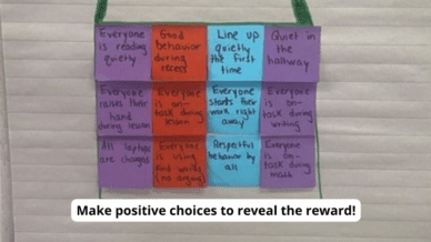 Sticky notes covering a mystery reward with text 'Make positive choices to reveal the reward'