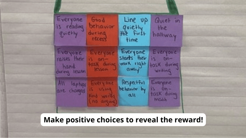 Sticky notes covering a mystery reward with text 'Make positive choices to reveal the reward'