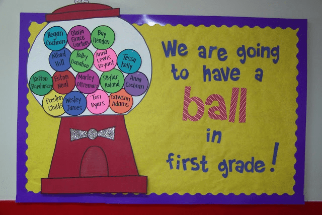 Gumball name bulletin board for teaching 1st grade