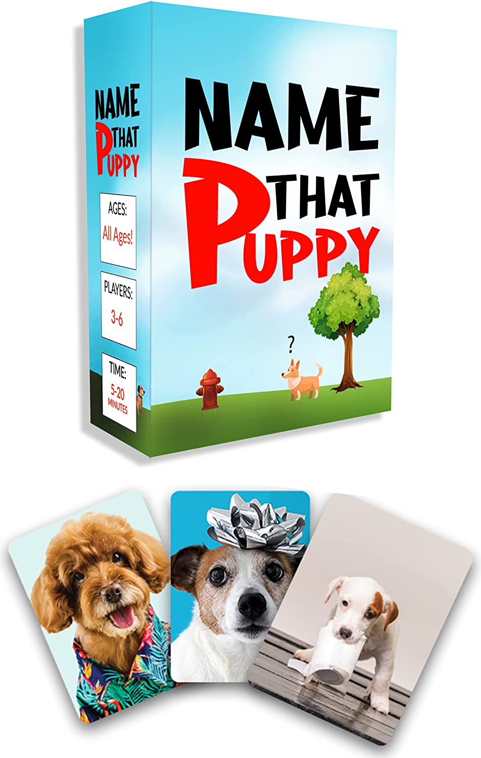 A game box says Name That Puppy. There are three playing cards shown with different puppies on them. (fun card games)