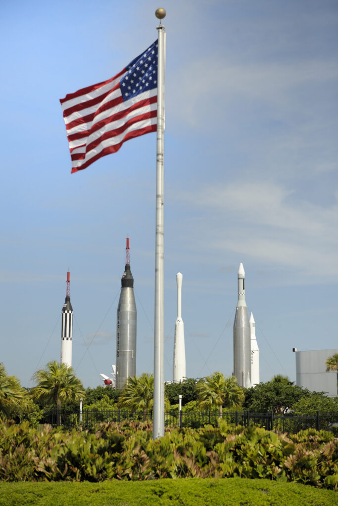 American flag at rocket park NASA Kennedy Space Center, as an example of the best family vacations