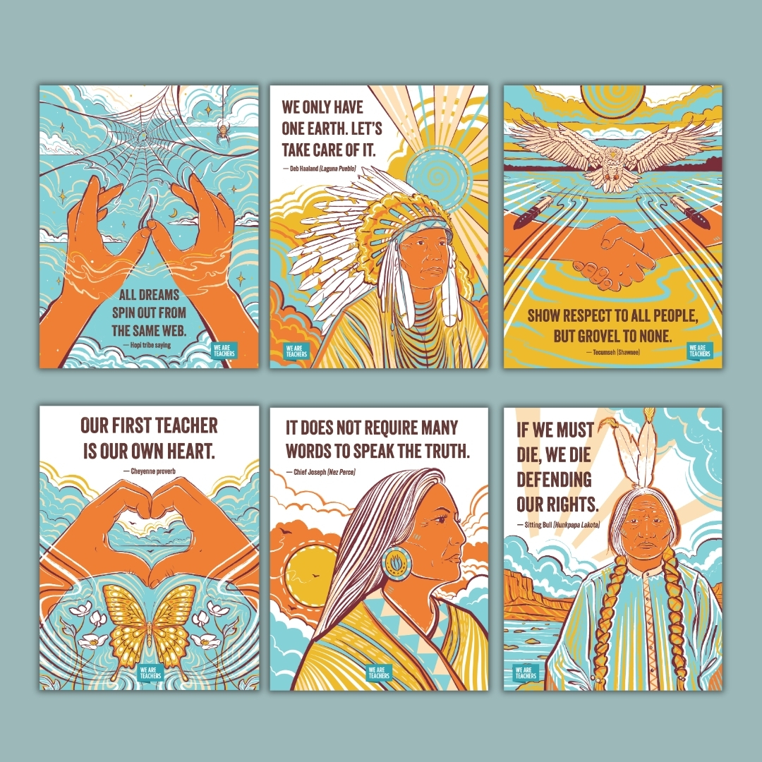 Bulletin board with patterned border and two quote posters featuring Deb Haaland and Tecumseh