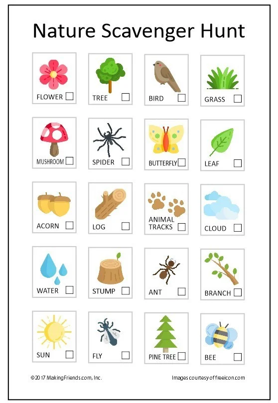 A checklist to use on a nature scavenger hunt listing items like tree, bird, cloud and more