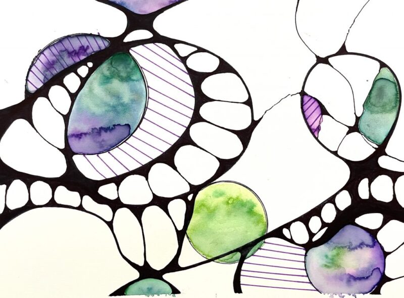 Black squiggles on a white paper form different size shapes, some of which are colored in purple and green in this easy art project for kids.