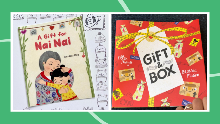 A collage of new books for December 2023, including A Gift for Nai Nai and Gift & Box