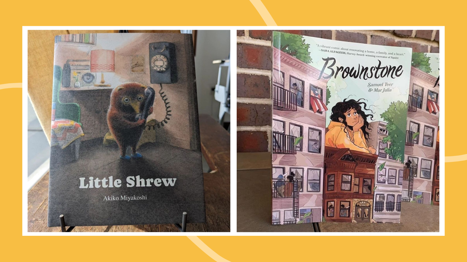Collage of new books for June 2024, including Little Shrew and Brownstone