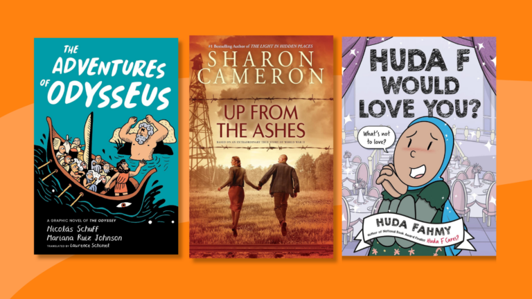 Flay lay of 3 book covers: The Adventures of Odysseus, Up From the Ashes, Huda F Will Love You
