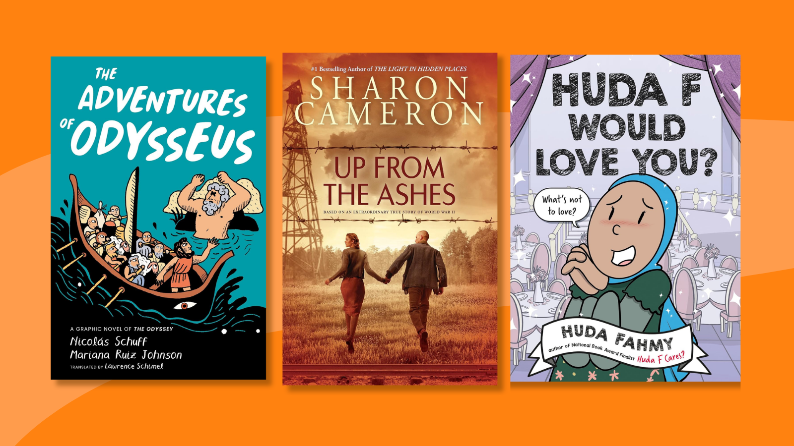 Flay lay of 3 book covers: The Adventures of Odysseus, Up From the Ashes, Huda F Will Love You