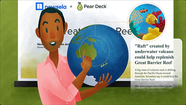 Graphic showing student holding a globe in front of a background of NewsELA and Pear Deck