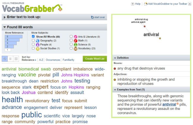 VocabGrabber screenshot for an article about COVID vaccines and treatments