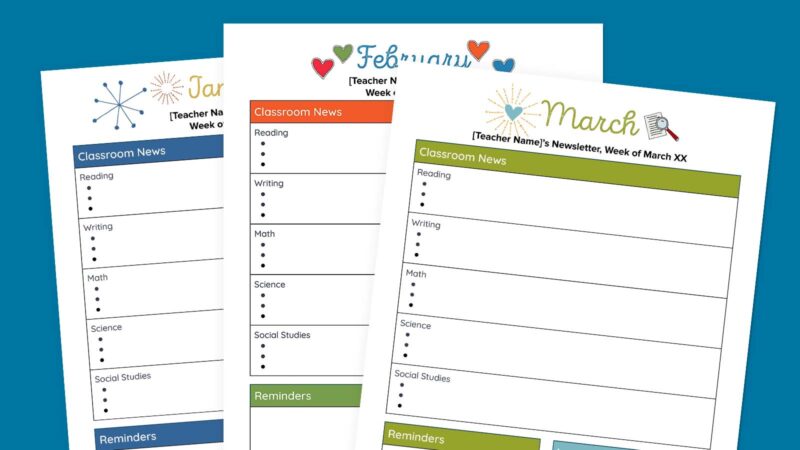 Examples of seasonal newsletter templates for March, February, and January