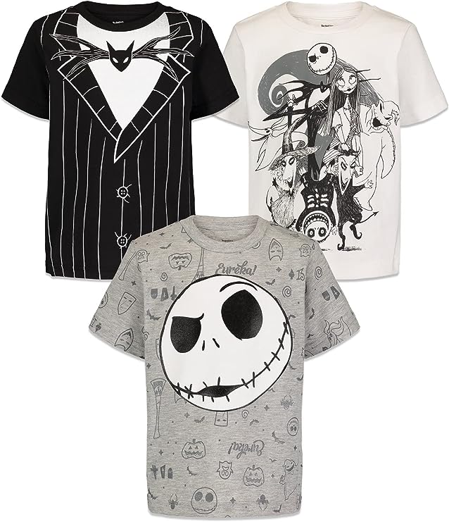 Three Halloween shirts are shown. One is a tuxedo style, one has Jack Skellington's face on it, and one features all of the characters from the movie The Nightmare Before Christmas
