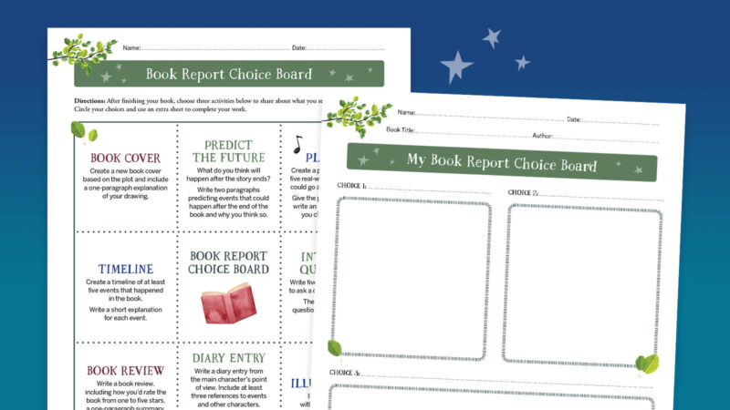 book report template choice board worksheets