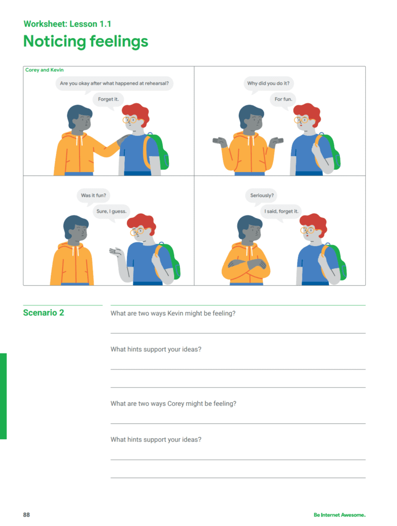 Screenshot of Noticing Feelings worksheet from Google's Be Internet Awesome curriculum