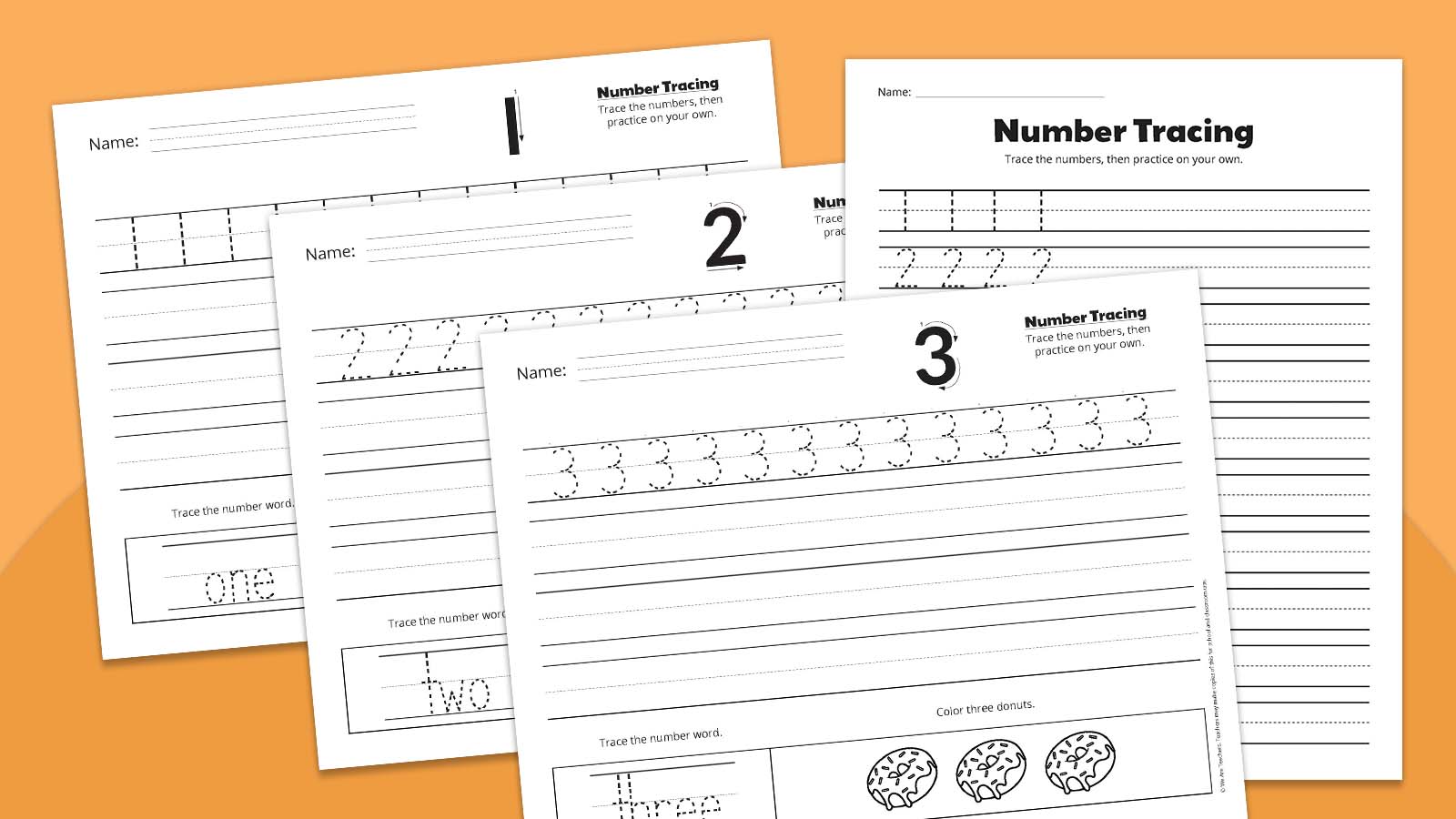 Flat lays of number tracing worksheets