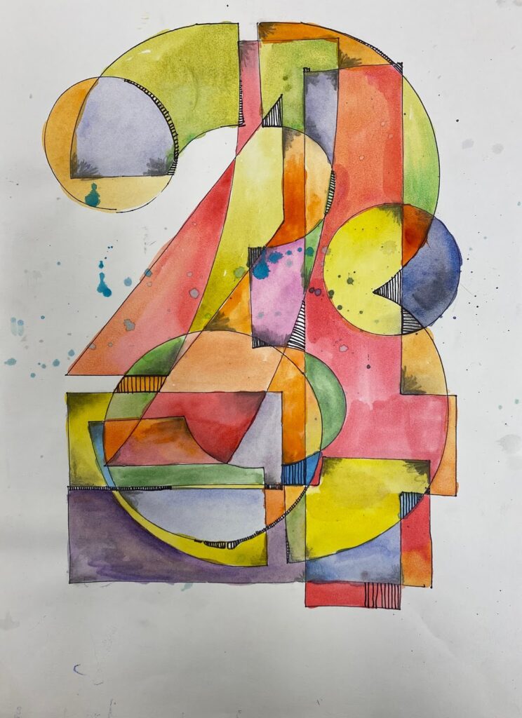 An image shows several number stencils layered upon one another and the sections are colored in many different colors in this easy art project for kids.